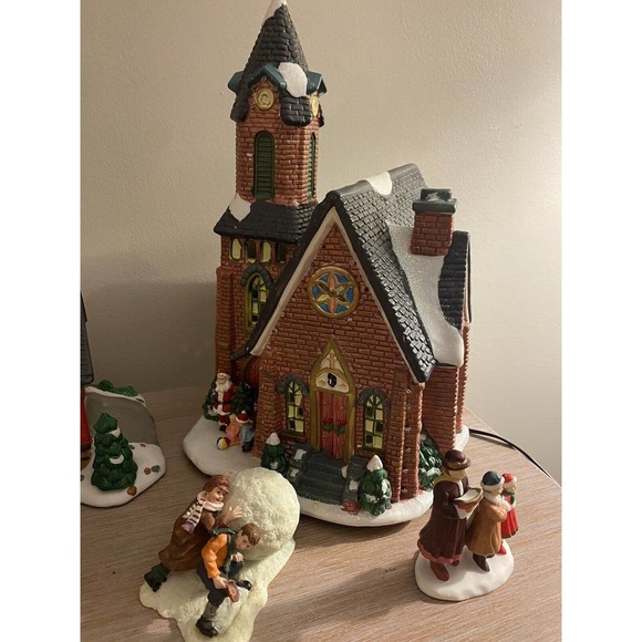 Dept 56 Lighted Church, Christmas Village Bridge, Sleigh, Kids, Carolers, & Snow - Picture 8 of 11